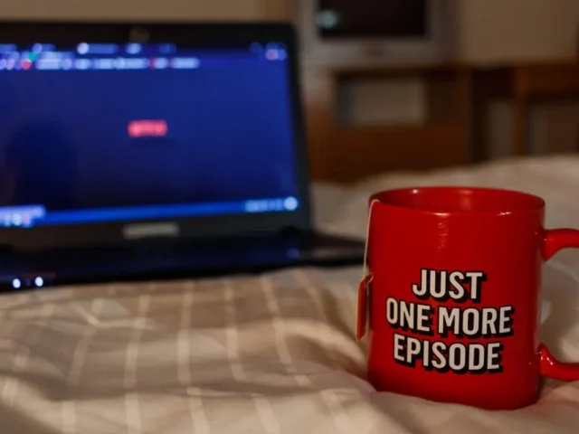 Coffee cup and laptop sitting on bed