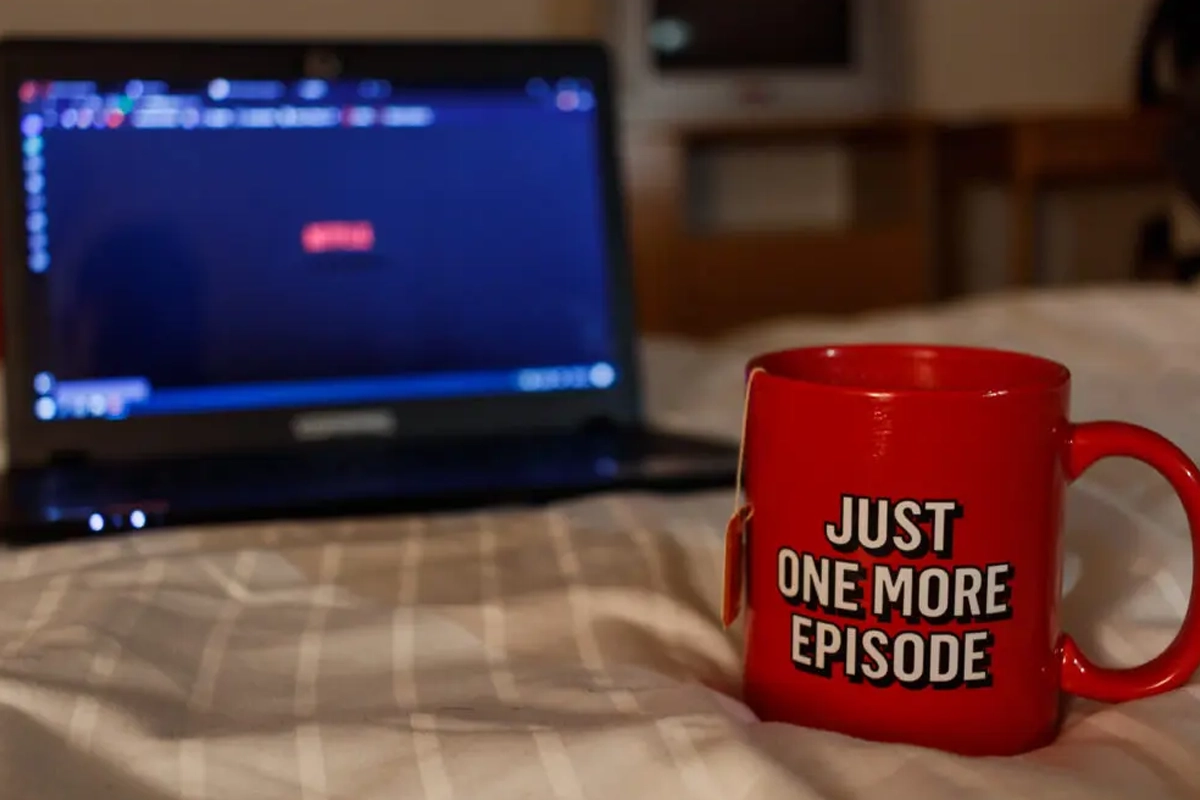 Coffee cup and laptop sitting on bed