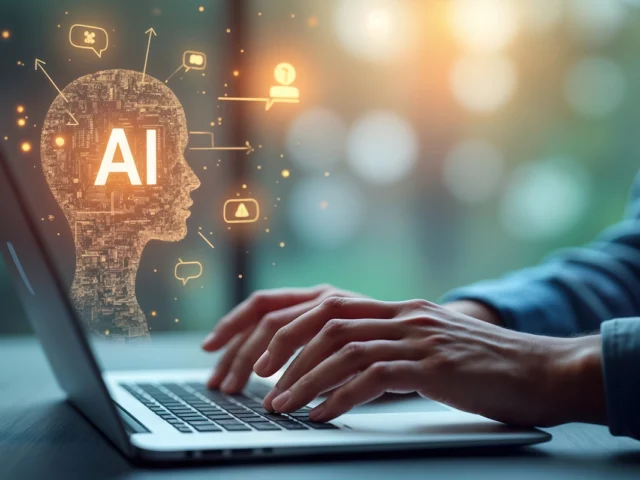 Person types on laptop interacting with AI virtual assistant